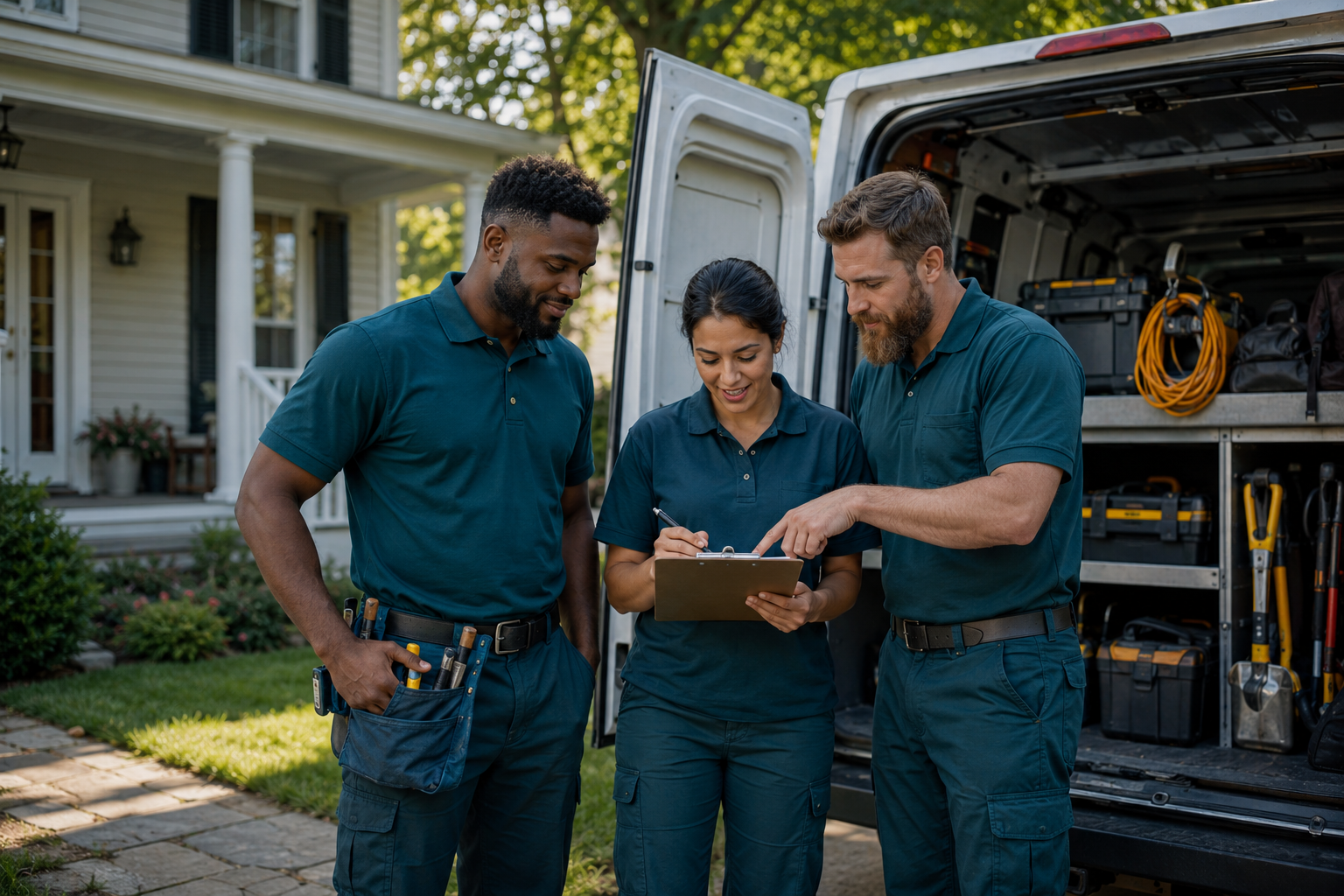 Illustrative service crew planning work at a residential property